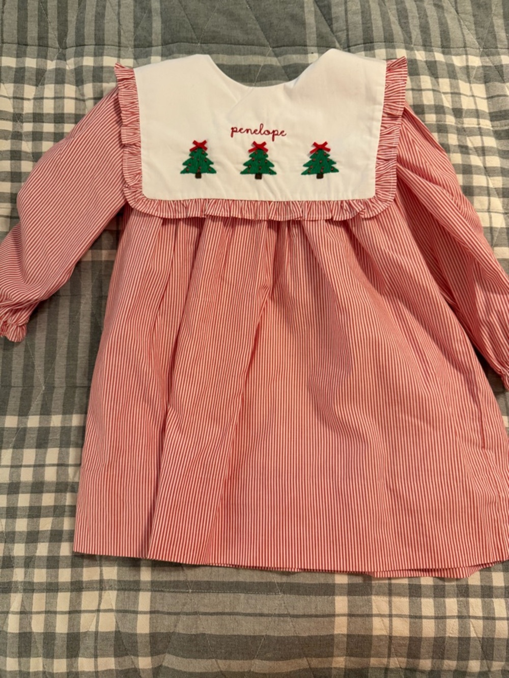 Penelope Red Stripe Girls' Holiday Dress with Embroidered Trees